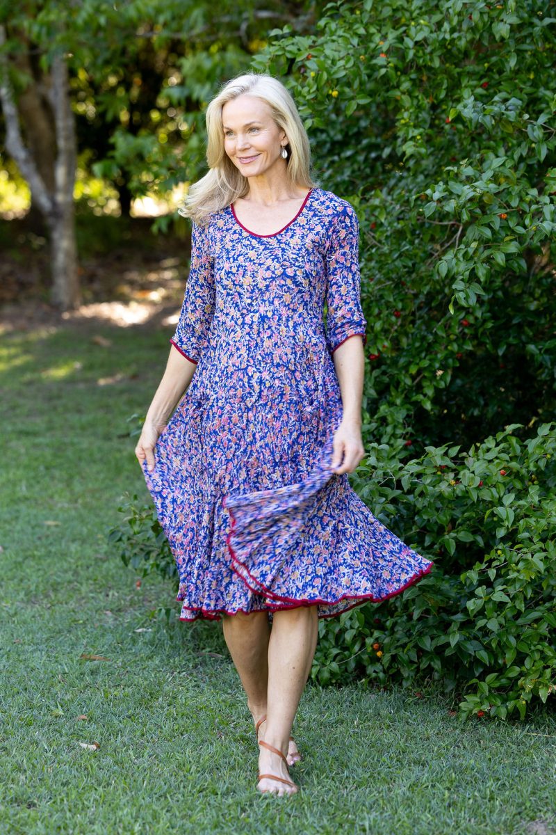 Womens, midi, Flamenco Dress with sleeves, 100% Cotton, hand block print. Fine florals on Royal Blue - Devi