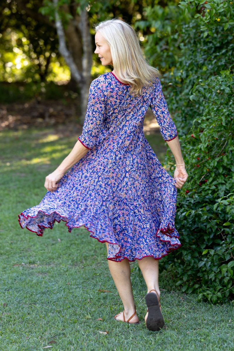 Womens, midi, Flamenco Dress with sleeves, 100% Cotton, hand block print. Fine florals on Royal Blue - Devi