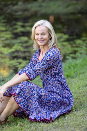 Womens, midi, Flamenco Dress with sleeves, 100% Cotton, hand block print. Fine florals on Royal Blue - Devi