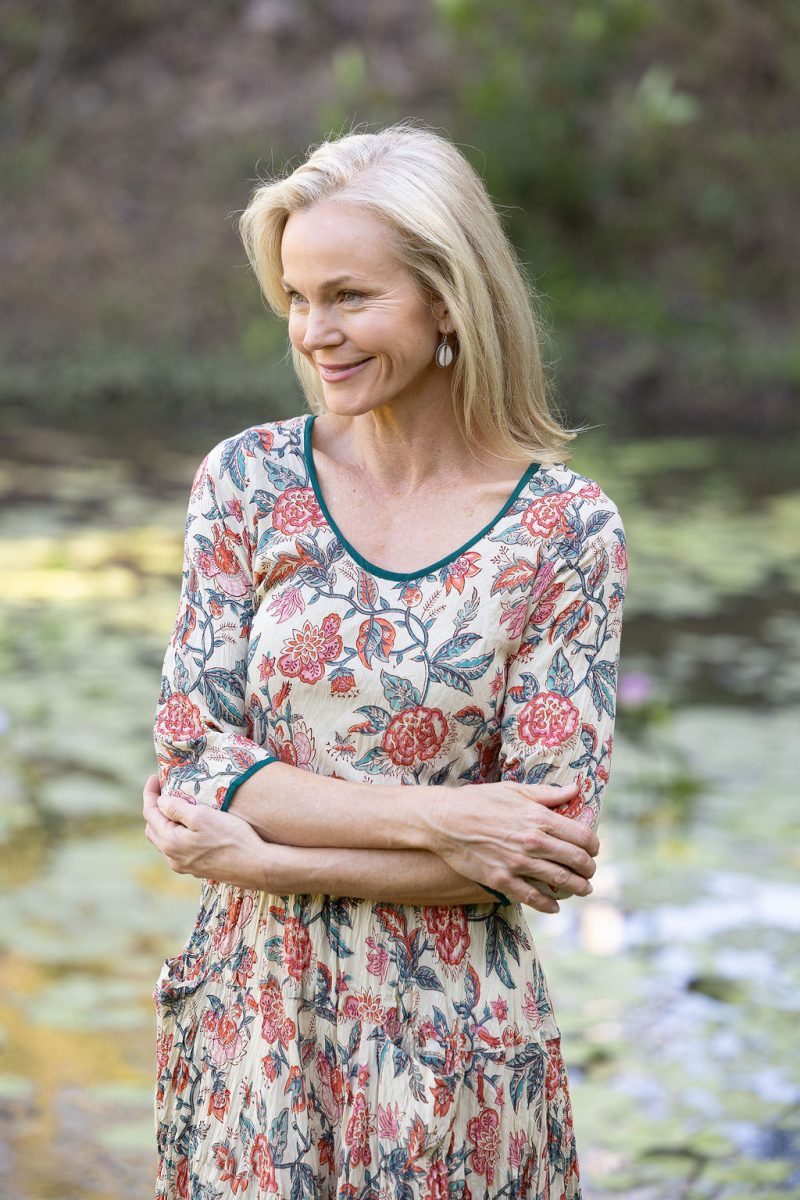 Womens, midi, Flamenco Dress with sleeves, 100% Cotton, hand block print. Vintage Saffron & Green - Savona