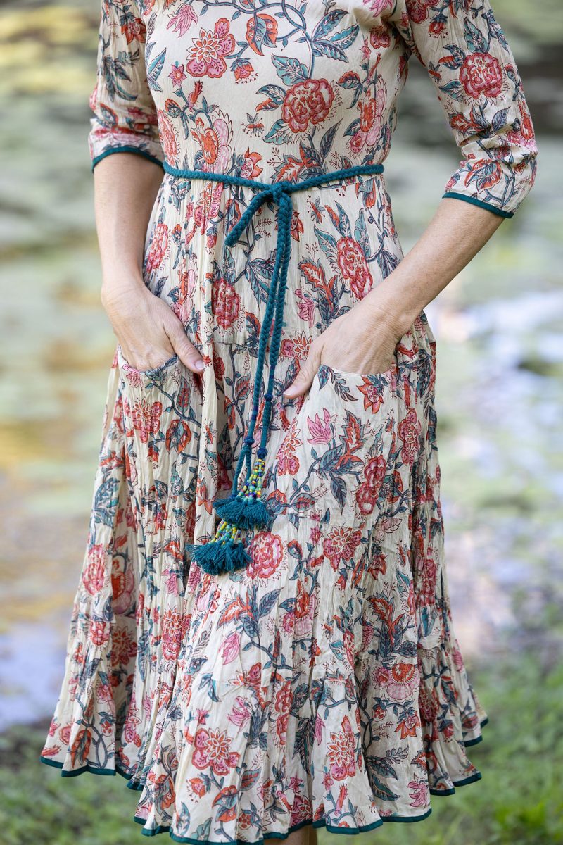 Womens, midi, Flamenco Dress with sleeves, 100% Cotton, hand block print. Vintage Saffron & Green - Savona