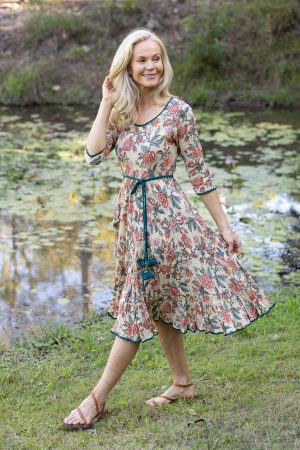 Womens, midi, Flamenco Dress with sleeves, 100% Cotton, hand block print. Vintage Saffron & Green - Savona