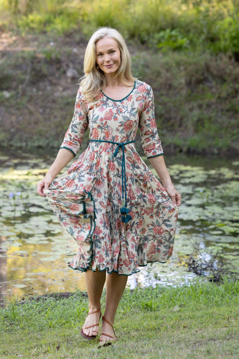 Womens, midi, Flamenco Dress with sleeves, 100% Cotton, hand block print. Vintage Saffron & Green - Savona