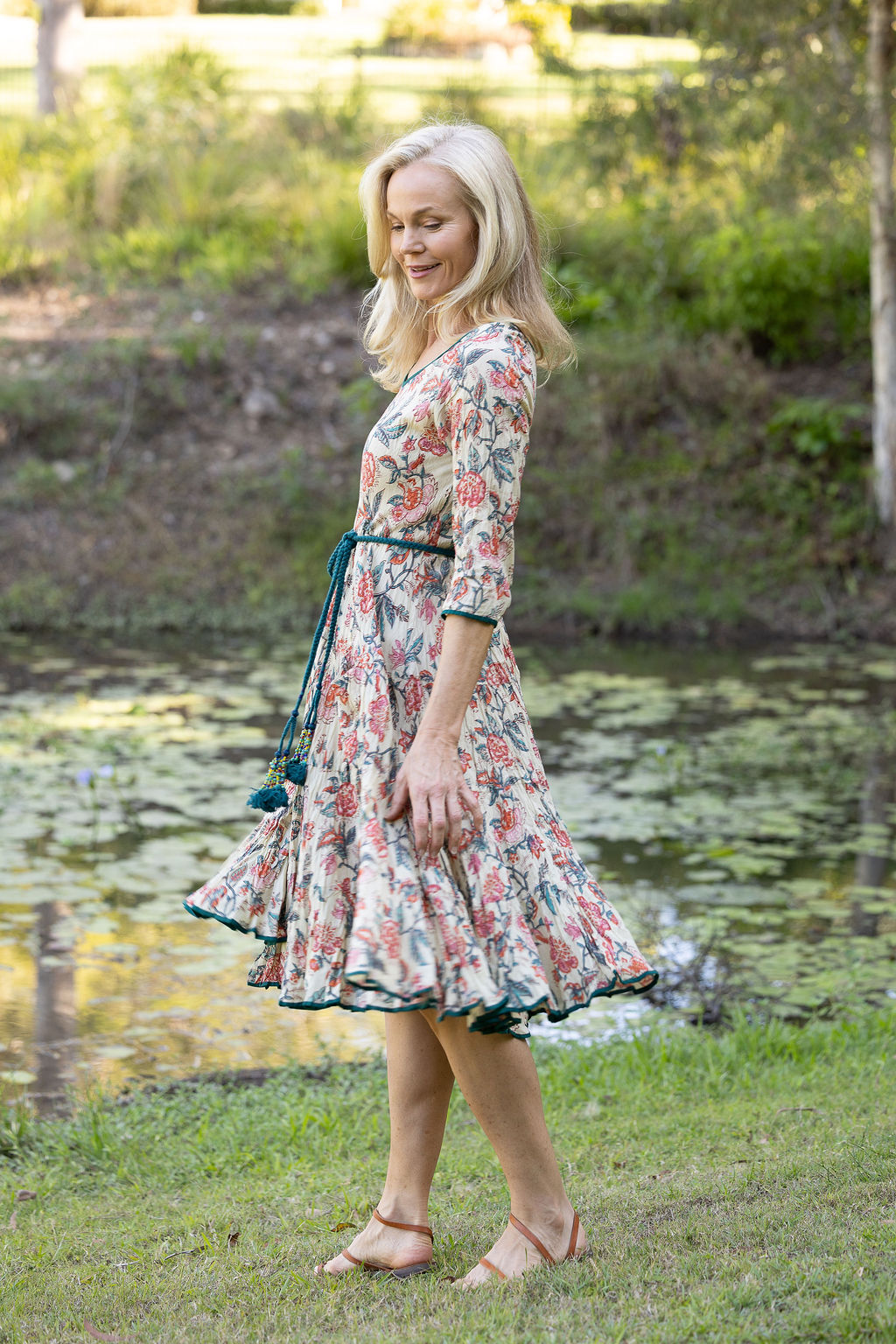 Womens, midi, Flamenco Dress with sleeves, 100% Cotton, hand block print. Vintage Saffron & Green - Savona