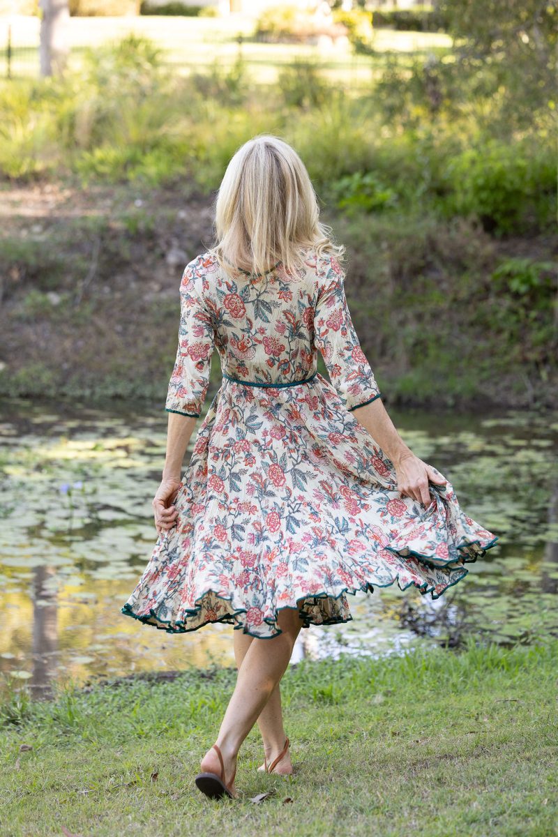 Womens, midi, Flamenco Dress with sleeves, 100% Cotton, hand block print. Vintage Saffron & Green - Savona
