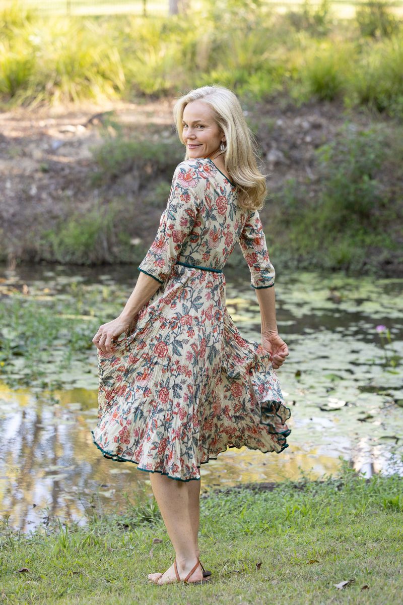 Womens, midi, Flamenco Dress with sleeves, 100% Cotton, hand block print. Vintage Saffron & Green - Savona