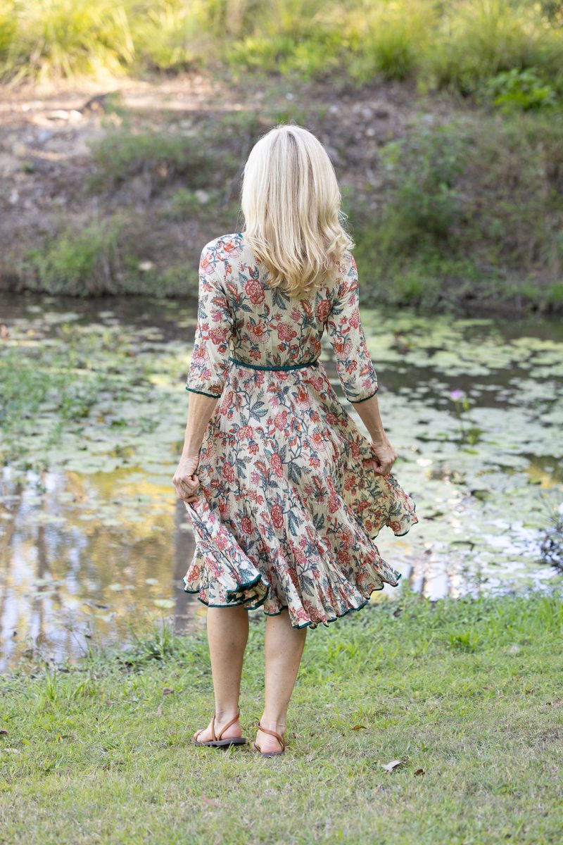 Womens, midi, Flamenco Dress with sleeves, 100% Cotton, hand block print. Vintage Saffron & Green - Savona