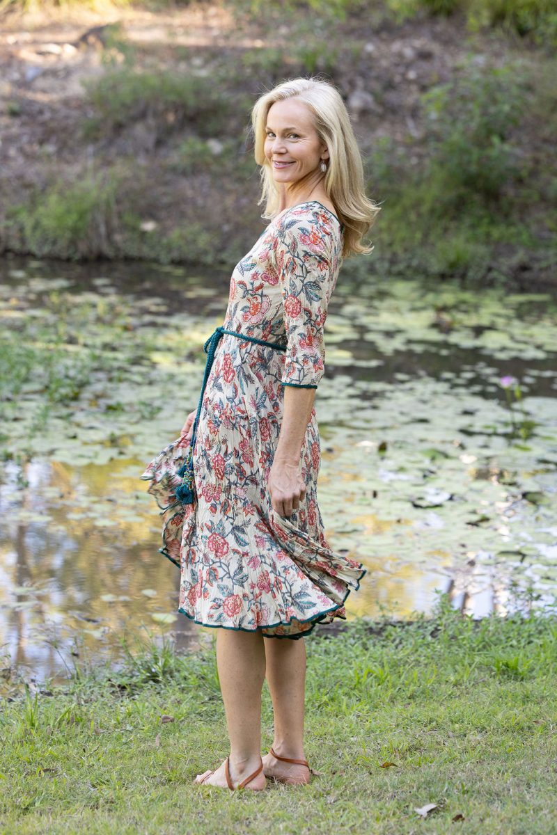 Womens, midi, Flamenco Dress with sleeves, 100% Cotton, hand block print. Vintage Saffron & Green - Savona