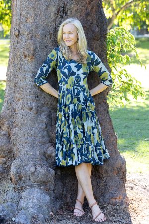 Womens, midi, Flamenco Dress with sleeves, 100% Cotton, hand block print. Natural blue with yellow - Indigo Limoncello