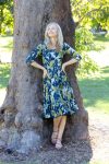 Womens, midi, Flamenco Dress with sleeves, 100% Cotton, hand block print. Natural blue with yellow - Indigo Limoncello