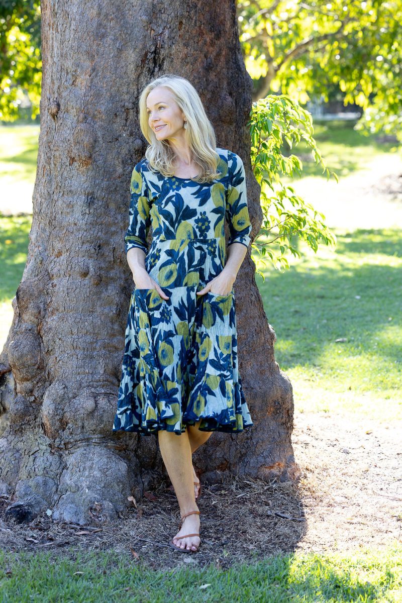 Womens, midi, Flamenco Dress with sleeves, 100% Cotton, hand block print. Natural blue with yellow - Indigo Limoncello