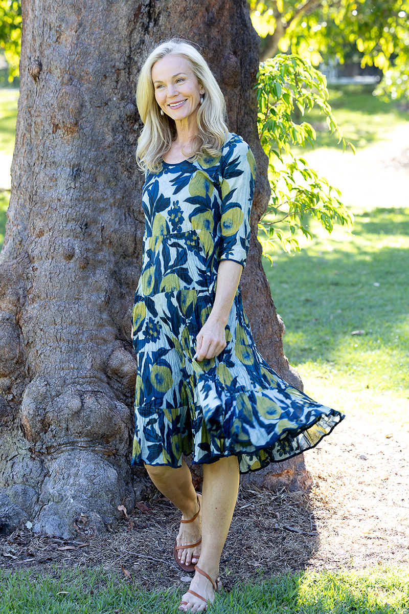 Womens, midi, Flamenco Dress with sleeves, 100% Cotton, hand block print. Natural blue with yellow - Indigo Limoncello