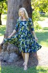 Womens, midi, Flamenco Dress with sleeves, 100% Cotton, hand block print. Natural blue with yellow - Indigo Limoncello