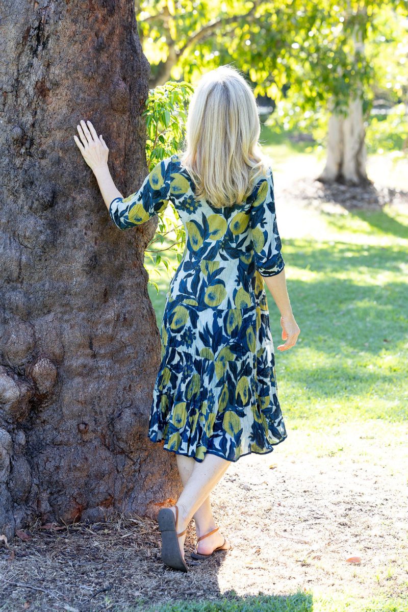 Womens, midi, Flamenco Dress with sleeves, 100% Cotton, hand block print. Natural blue with yellow - Indigo Limoncello