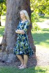 Womens, midi, Flamenco Dress with sleeves, 100% Cotton, hand block print. Natural blue with yellow - Indigo Limoncello