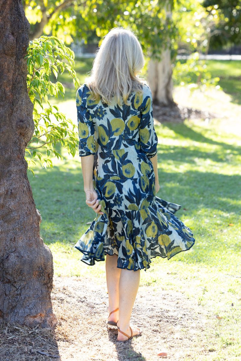 Womens, midi, Flamenco Dress with sleeves, 100% Cotton, hand block print. Natural blue with yellow - Indigo Limoncello