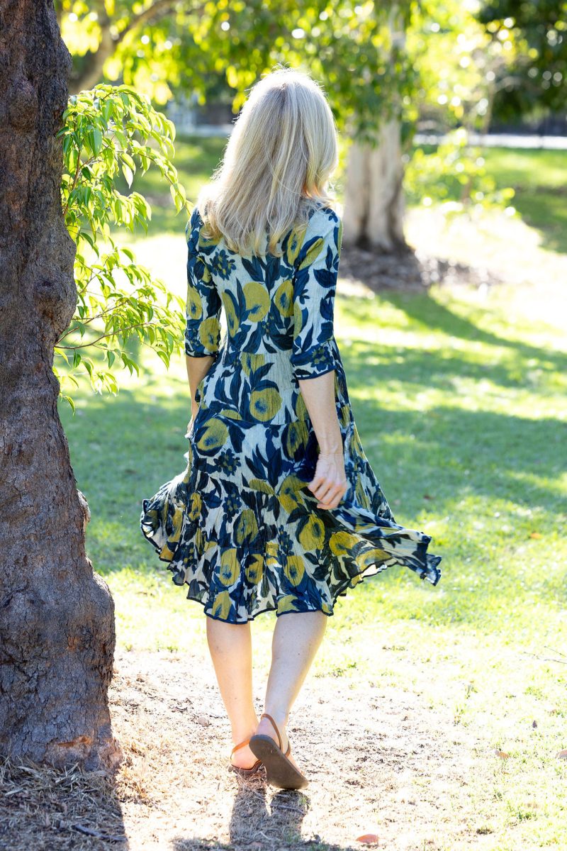 Womens, midi, Flamenco Dress with sleeves, 100% Cotton, hand block print. Natural blue with yellow - Indigo Limoncello