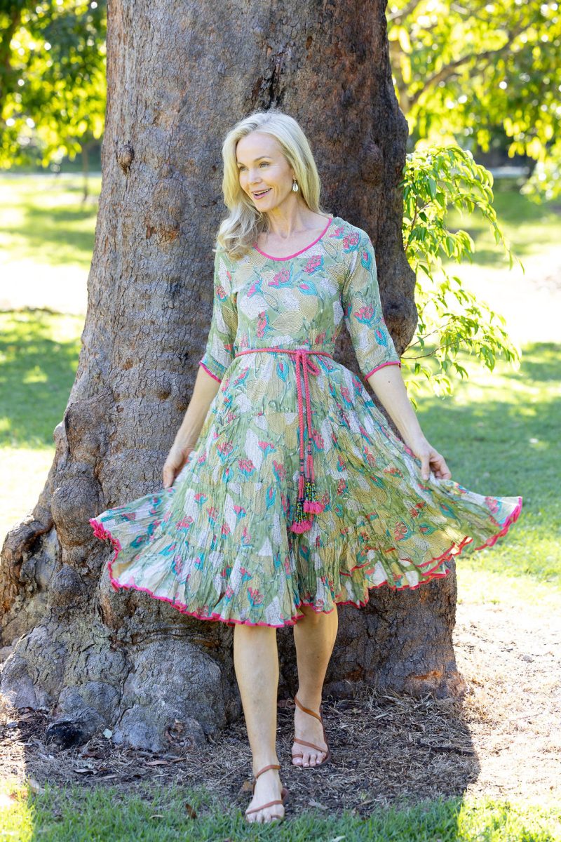 Womens, midi, Flamenco Dress with sleeves, 100% Cotton, hand block print. Leafy Green & Pink - Raya