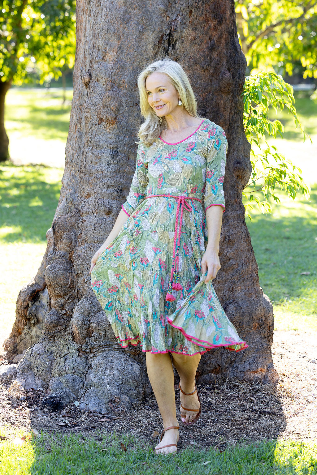 Womens, midi, Flamenco Dress with sleeves, 100% Cotton, hand block print. Leafy Green & Pink - Raya