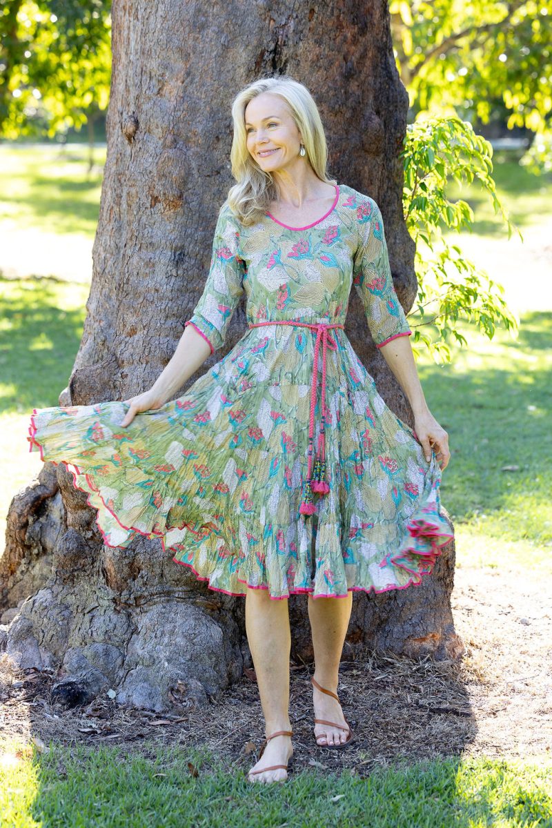 Womens, midi, Flamenco Dress with sleeves, 100% Cotton, hand block print. Leafy Green & Pink - Raya