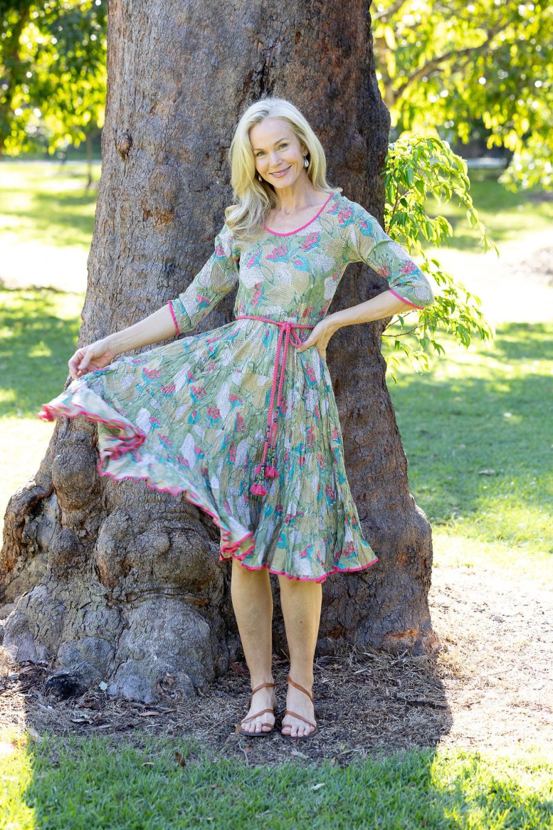 Womens, midi, Flamenco Dress with sleeves, 100% Cotton, hand block print. Leafy Green & Pink - Raya