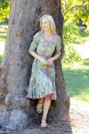 Womens, midi, Flamenco Dress with sleeves, 100% Cotton, hand block print. Leafy Green & Pink - Raya