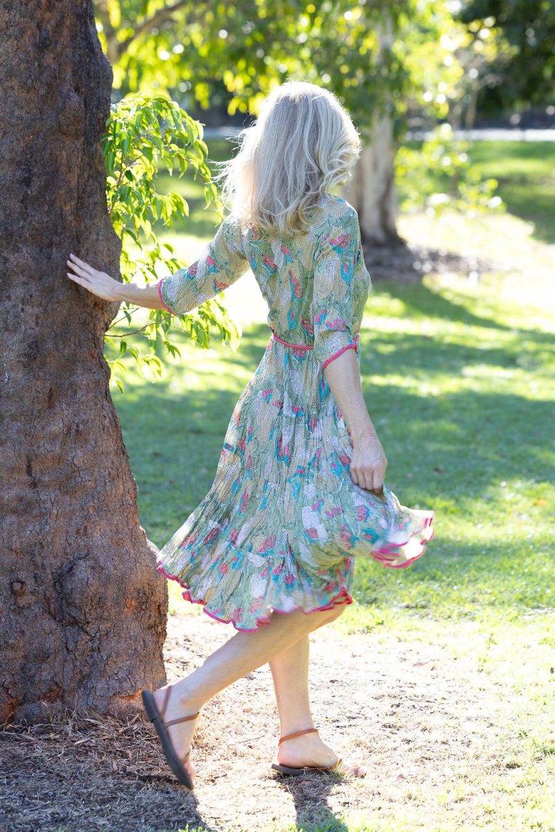 Womens, midi, Flamenco Dress with sleeves, 100% Cotton, hand block print. Leafy Green & Pink - Raya