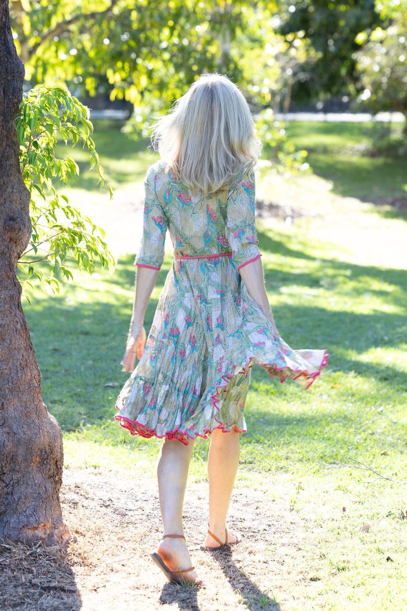 Womens, midi, Flamenco Dress with sleeves, 100% Cotton, hand block print. Leafy Green & Pink - Raya