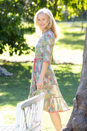 Womens, midi, Flamenco Dress with sleeves, 100% Cotton, hand block print. Leafy Green & Pink - Raya