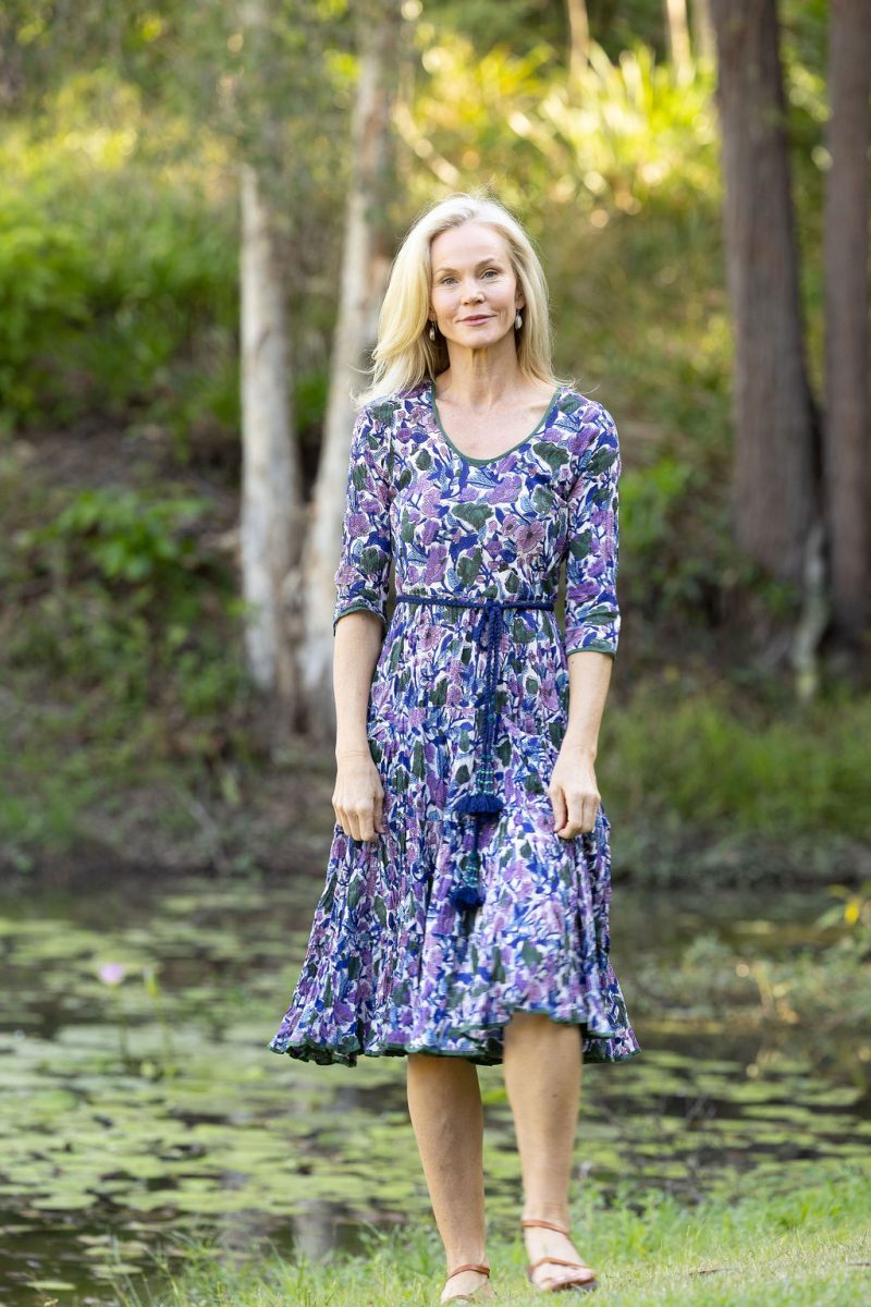 Womens, midi, Flamenco Dress with sleeves, 100% Cotton, hand block print. Tones of violet & purple - Violetta.