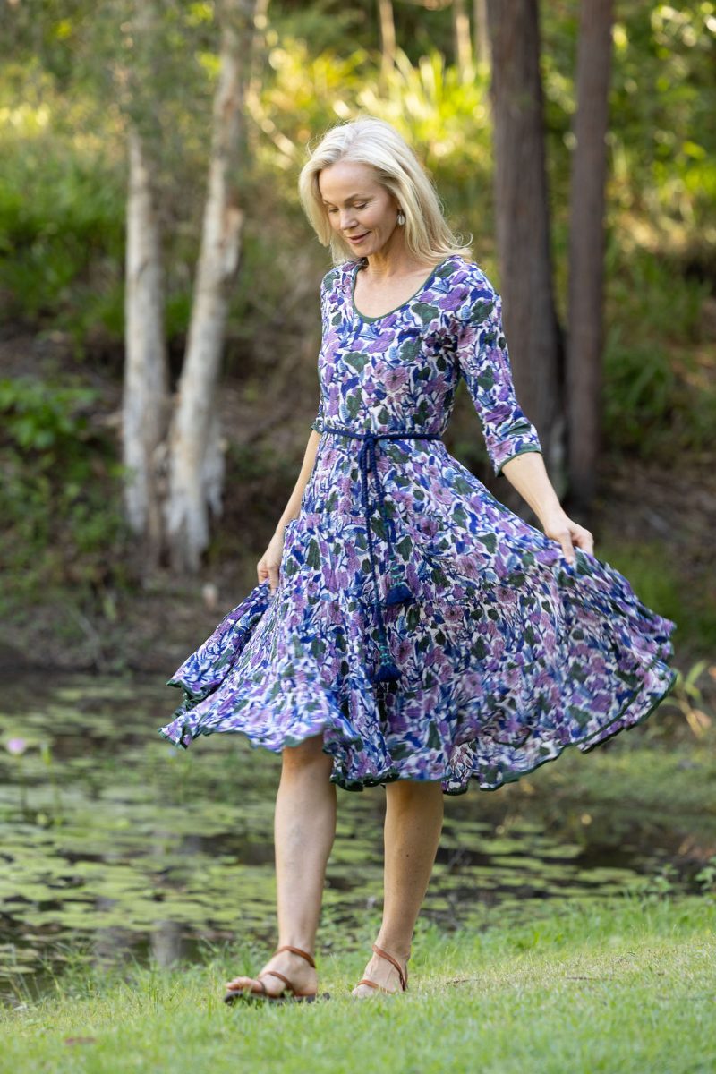 Womens, midi, Flamenco Dress with sleeves, 100% Cotton, hand block print. Tones of violet & purple - Violetta.