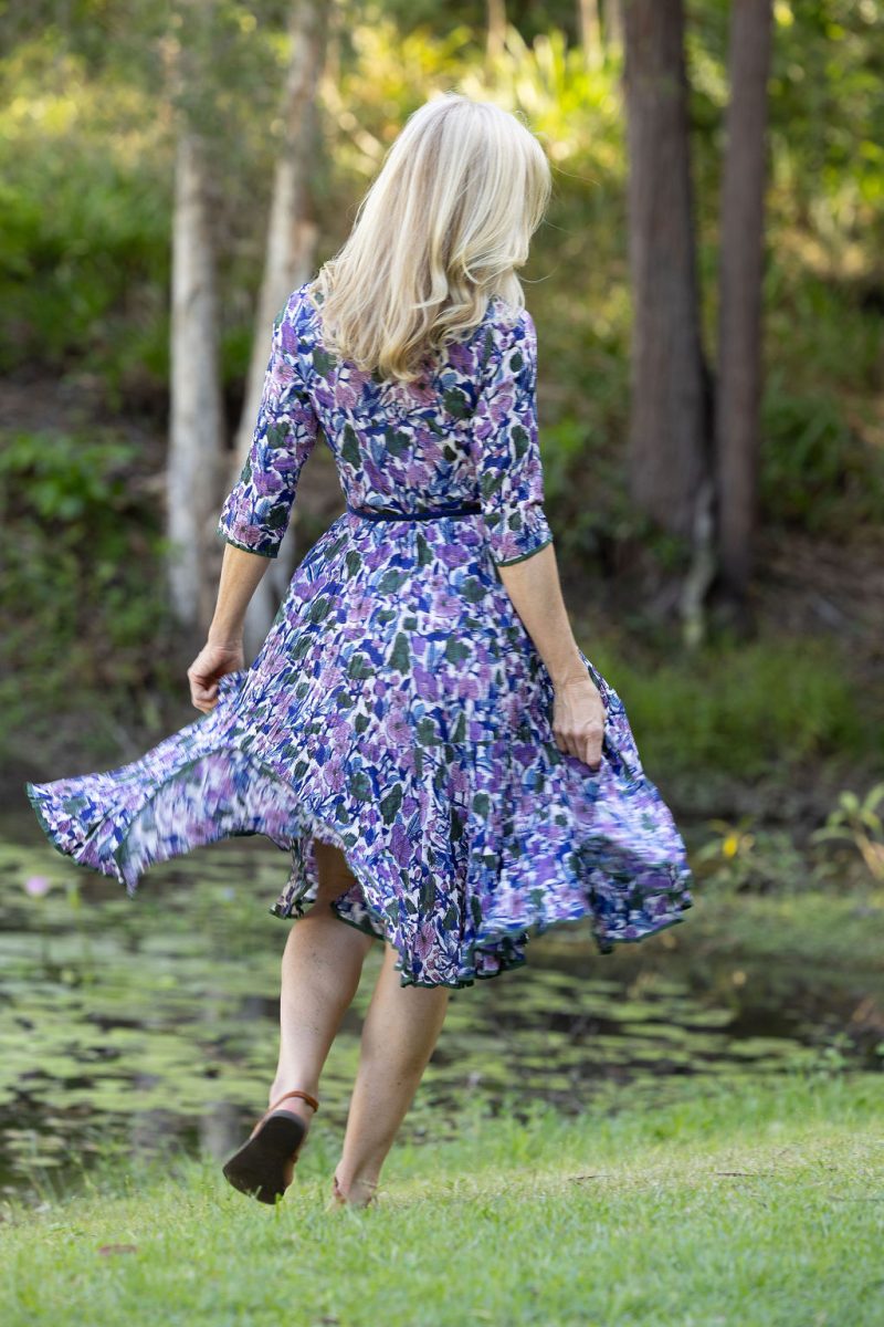 Womens, midi, Flamenco Dress with sleeves, 100% Cotton, hand block print. Tones of violet & purple - Violetta.