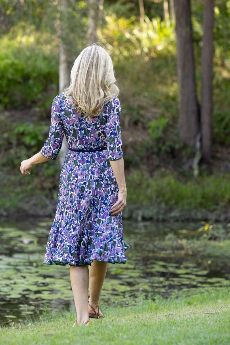 Womens, midi, Flamenco Dress with sleeves, 100% Cotton, hand block print. Tones of violet & purple - Violetta.