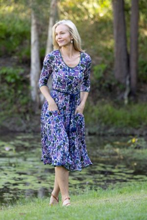 Womens, midi, Flamenco Dress with sleeves, 100% Cotton, hand block print. Tones of violet & purple - Violetta.