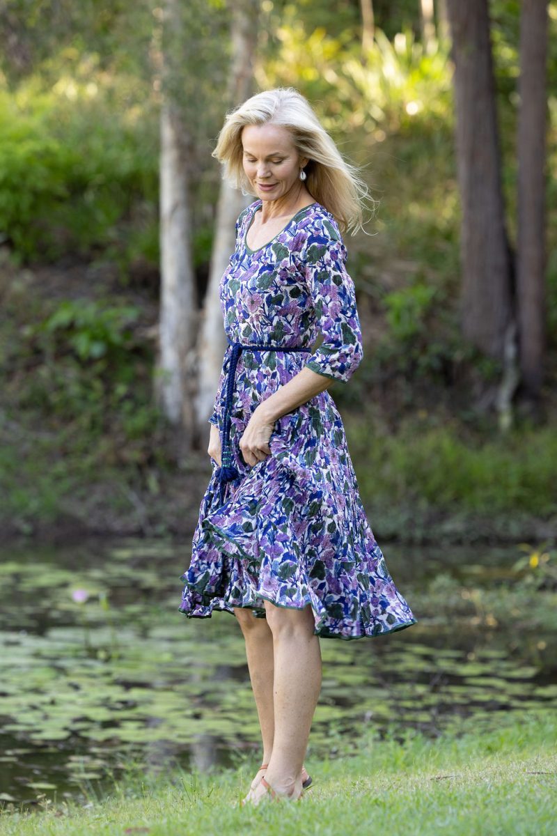 Womens, midi, Flamenco Dress with sleeves, 100% Cotton, hand block print. Tones of violet & purple - Violetta.