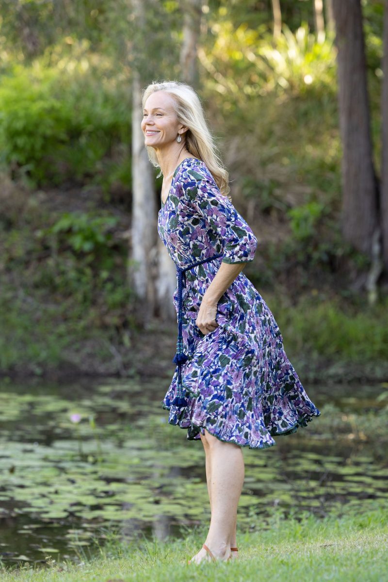 Womens, midi, Flamenco Dress with sleeves, 100% Cotton, hand block print. Tones of violet & purple - Violetta.