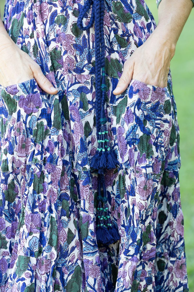 Womens, midi, Flamenco Dress with sleeves, 100% Cotton, hand block print. Tones of violet & purple - Violetta.