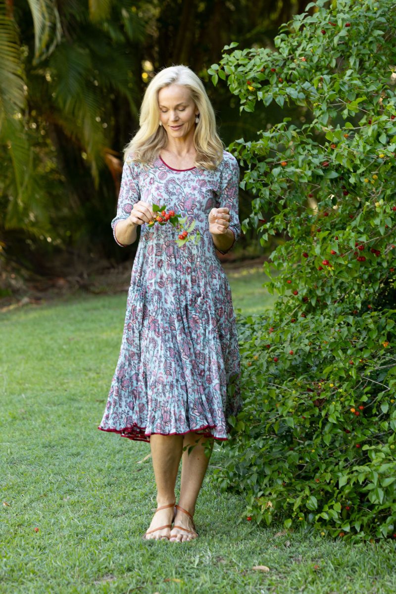 Womens, midi, Flamenco Dress with sleeves, 100% Cotton, hand block print. Soft blue floral - Florence