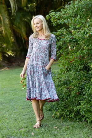 Womens, midi, Flamenco Dress with sleeves, 100% Cotton, hand block print. Soft blue floral - Florence