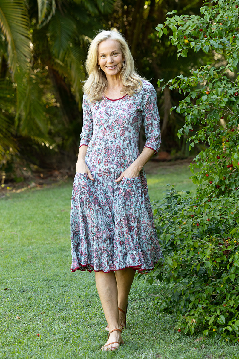 Womens, midi, Flamenco Dress with sleeves, 100% Cotton, hand block print. Soft blue floral - Florence