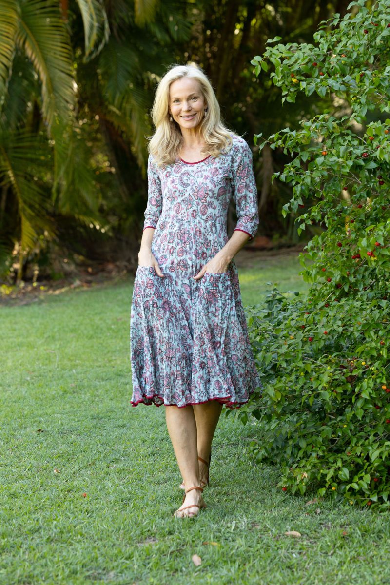 Womens, midi, Flamenco Dress with sleeves, 100% Cotton, hand block print. Soft blue floral - Florence
