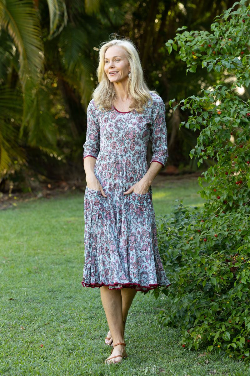 Womens, midi, Flamenco Dress with sleeves, 100% Cotton, hand block print. Soft blue floral - Florence