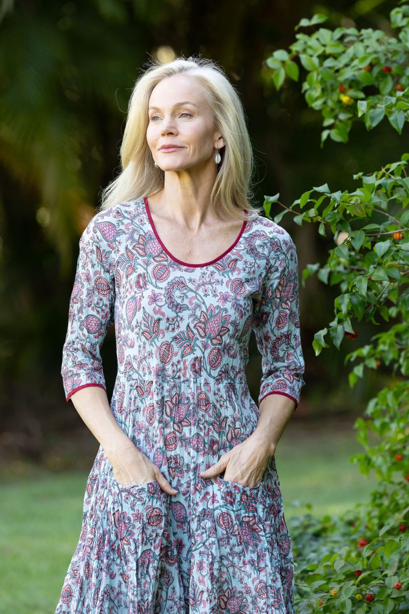 Womens, midi, Flamenco Dress with sleeves, 100% Cotton, hand block print. Soft blue floral - Florence