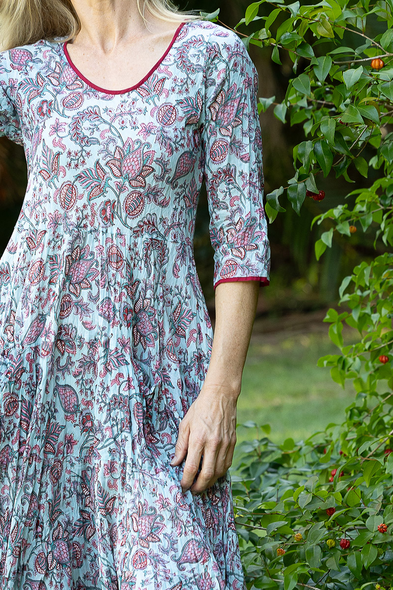 Womens, midi, Flamenco Dress with sleeves, 100% Cotton, hand block print. Soft blue floral - Florence