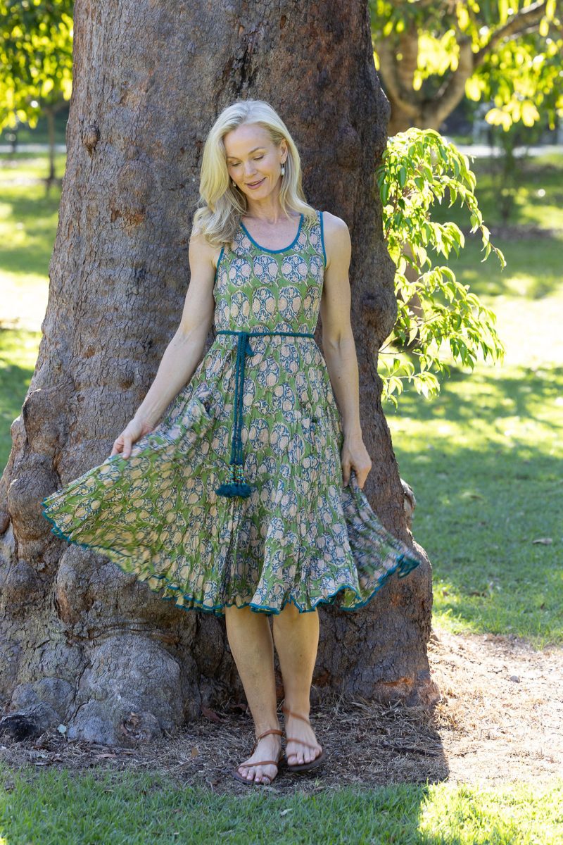 Womens, midi, Flamenco Dress, sleeveless, 100% Cotton, hand block print. In Summer Green - Edentree.
