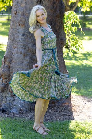 Womens, midi, Flamenco Dress, sleeveless, 100% Cotton, hand block print. In Summer Green - Edentree.