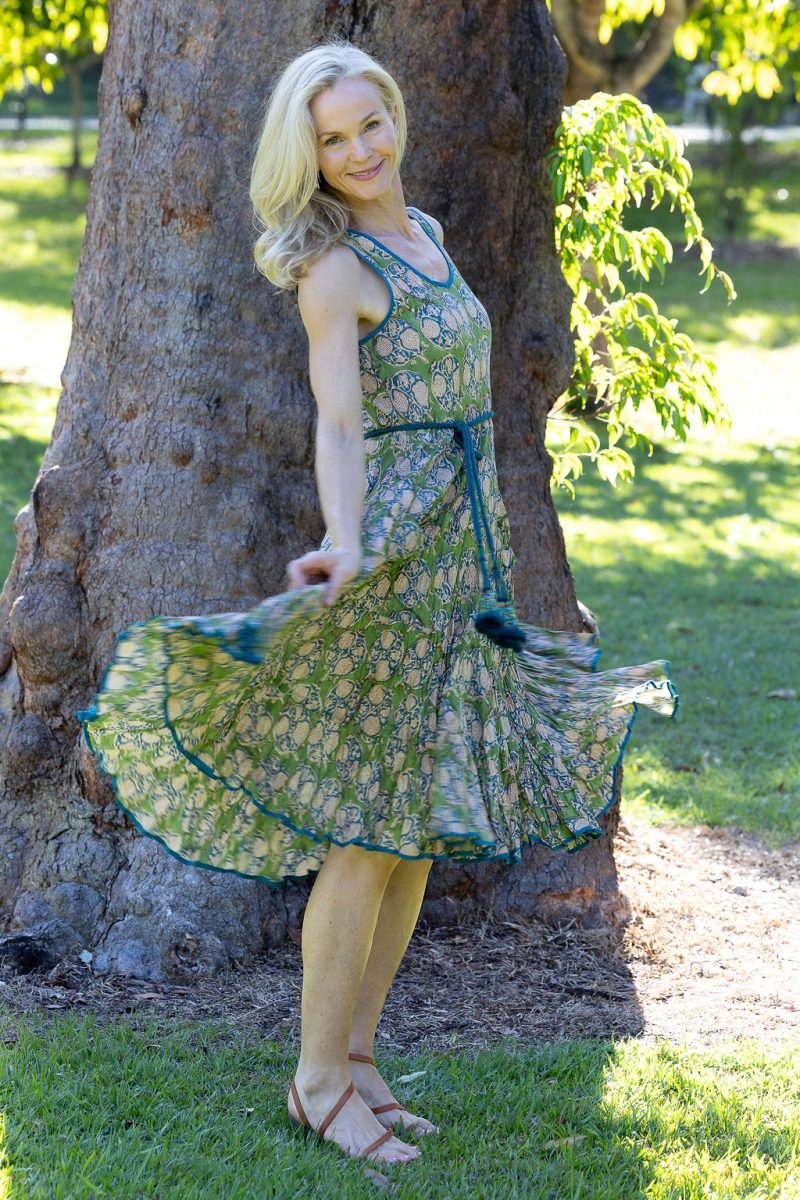 Womens, midi, Flamenco Dress, sleeveless, 100% Cotton, hand block print. In Summer Green - Edentree.