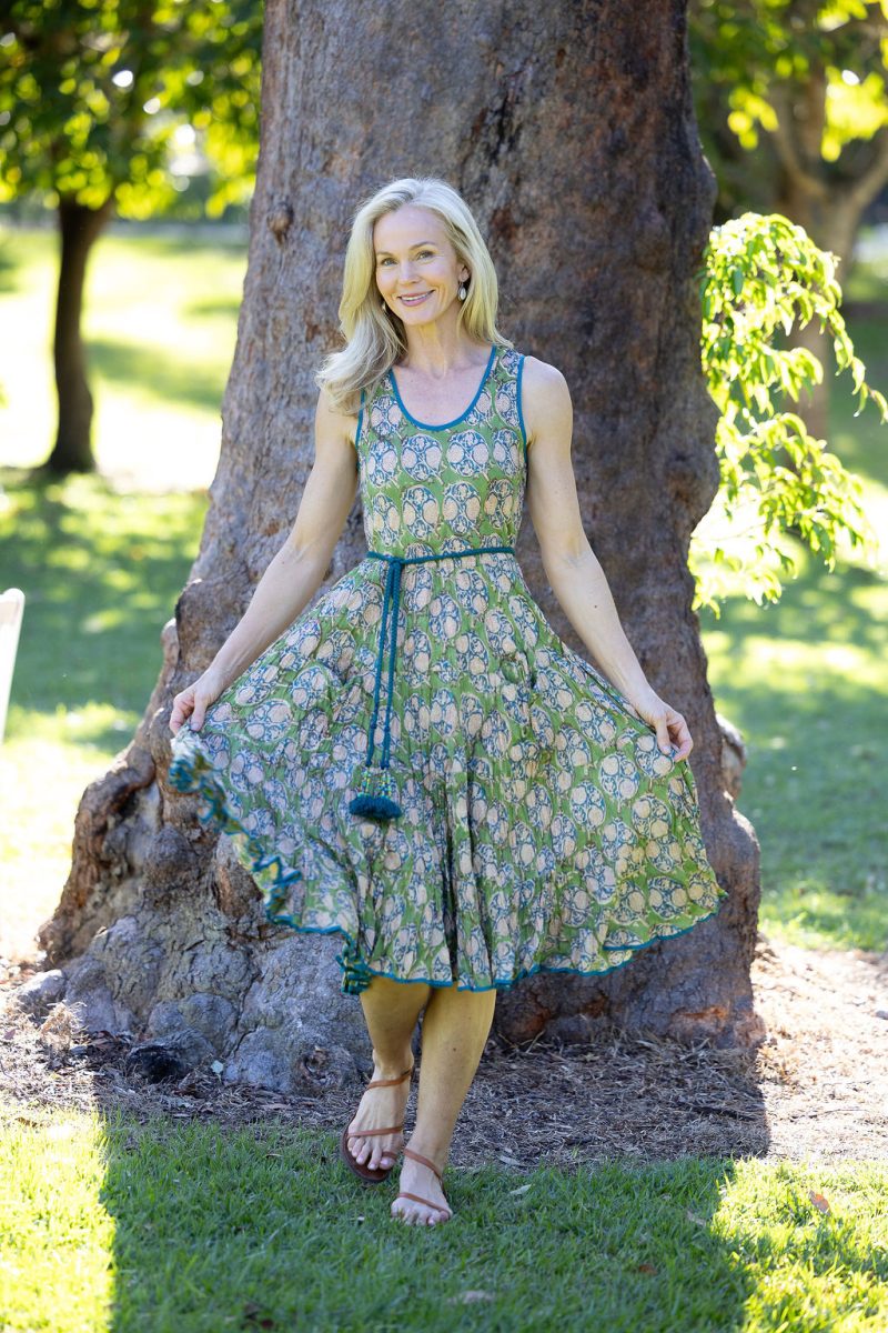 Womens, midi, Flamenco Dress, sleeveless, 100% Cotton, hand block print. In Summer Green - Edentree.