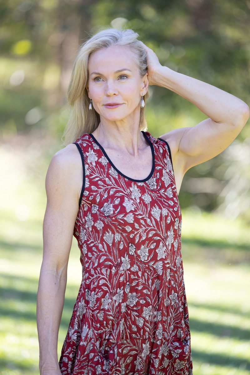 Womens, midi, Flamenco Dress, sleeveless, 100% Cotton, hand block print. In natural red, Rubira