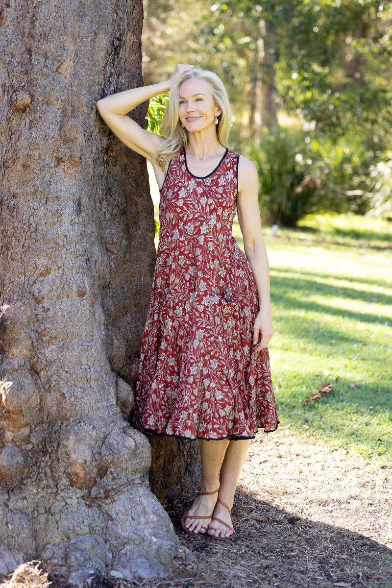 Womens, midi, Flamenco Dress, sleeveless, 100% Cotton, hand block print. In natural red, Rubira
